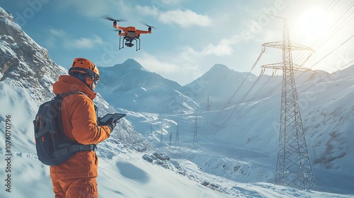 An engineer flying a drone to inspect power lines crossing a mountainous region, the drone capturing footage of high-altitude towers, snow-covered peaks in the background, photo