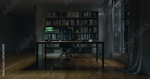 3d render of study room, home, office or library background with book shelf at night