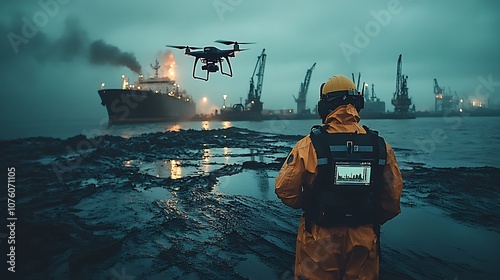 An environmental researcher using a drone to survey an oil spill along a coastline, drone flying low over dark slicks of oil on the water, the researcher in protective gear, photo