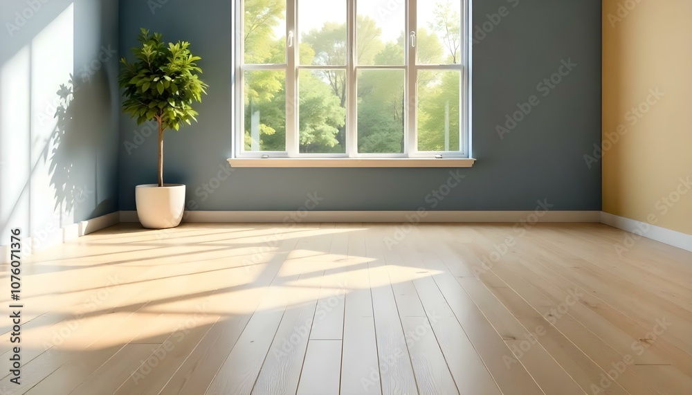 Fototapeta premium An empty room with a large window overlooking a lush green outdoor scene.