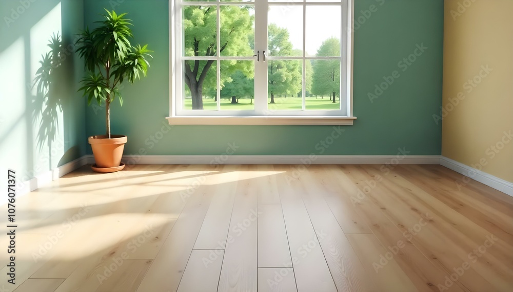 Fototapeta premium An empty room with a large window overlooking a lush green outdoor scene.