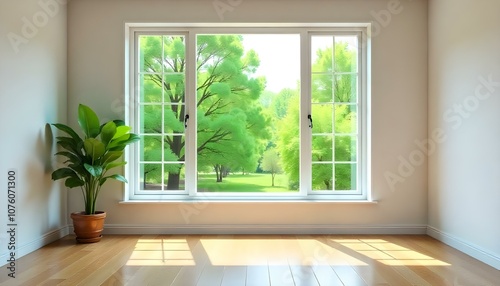 An empty room with a large window overlooking a lush green outdoor scene.