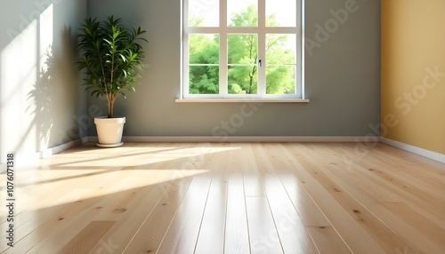 An empty room with a large window overlooking a lush green outdoor scene.