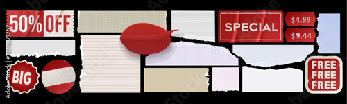 Torn paper pieces and red promotional sticky elements for shopping design composition. Lined notepad sheets, graph paper fragments and blank ripped notes, special offer stickers for newspaper collage.