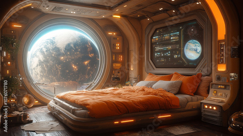 Cozy bedroom of a spaceship in outer space, really comfy messy bed, futuristic, glass window with planets outside photo