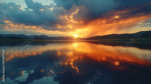 A calm lake mirroring the sky under gentle light on one side, transitioning to a roiling, stormy sky with streaks of lightning, dramatic lighting emphasizing the division of peace and tempest.