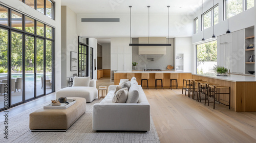 contemporary living room with open concept view through to dining room kitchen and a marble fireplace, Interior design. minimalist living room with modern.