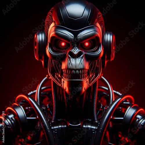 scary monkey robot portrait on red background photo