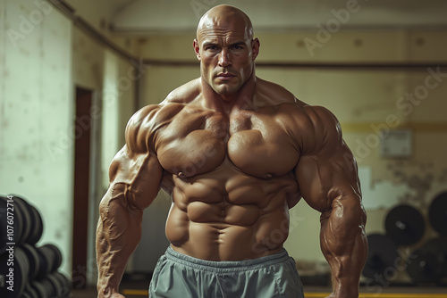 A bodybuilde posing for a picture in a gym