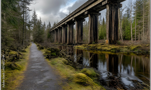 A winding path beneath a weathered concrete bridge, leading through a lush forest.