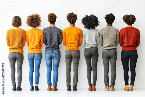 A group of people standing in a row facing the same direction