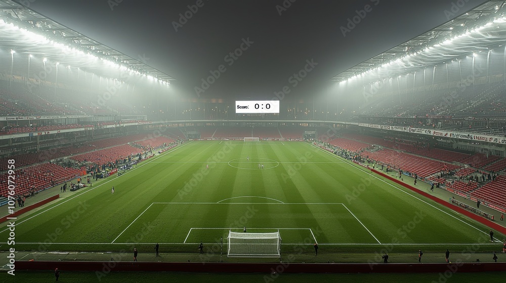 Atmospheric view of floodlit soccer field through evening mist, capturing the dramatic scale and anticipation of match day atmosphere.
Atmospheric view of floodlit soccer field through evening mist, capturing the dramatic scale and anticipation of match day atmosphere.