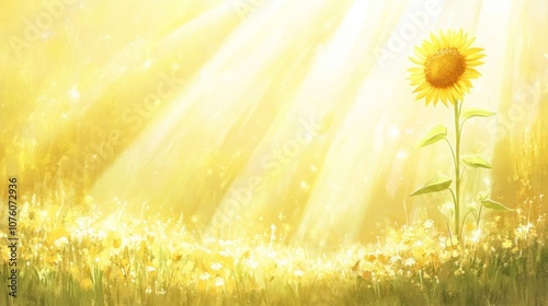 A serene landscape featuring a sunflower amidst soft golden light and blooming flowers.