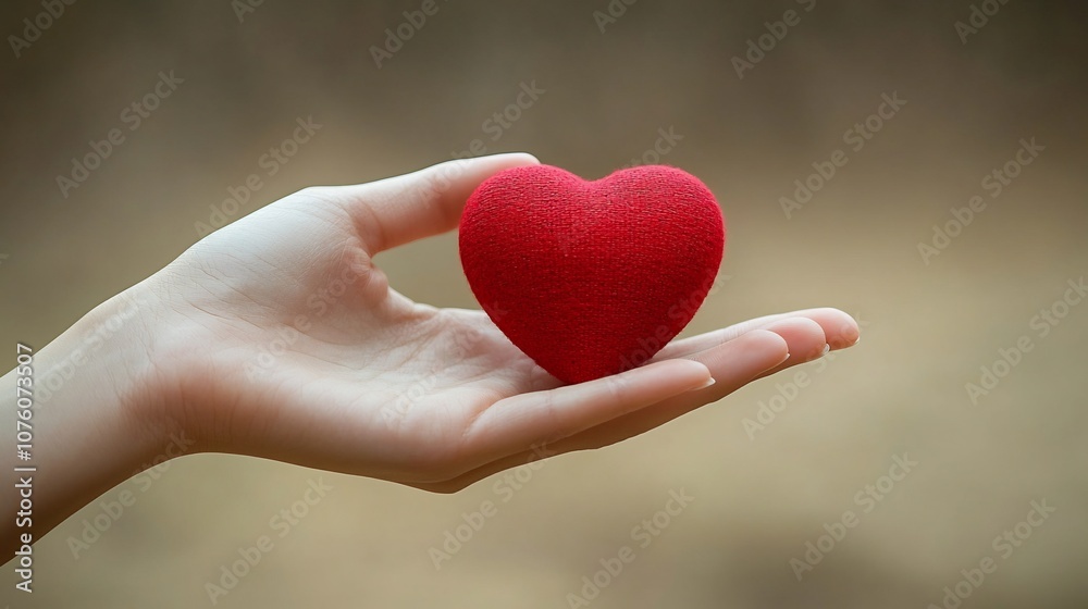 Caring Hand Gently Holding Red Heart in Soft Pastel Tones with Blurred Background Caring Hand Gently Holding Red Heart in Soft Pastel Tones with Blurred Background