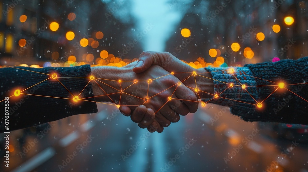 Hands clasped in a handshake against a backdrop of city lights, symbolizing successful business deals and urban opportunities. Hands clasped in a handshake against a backdrop of city lights, symbolizing successful business deals and urban opportunities.