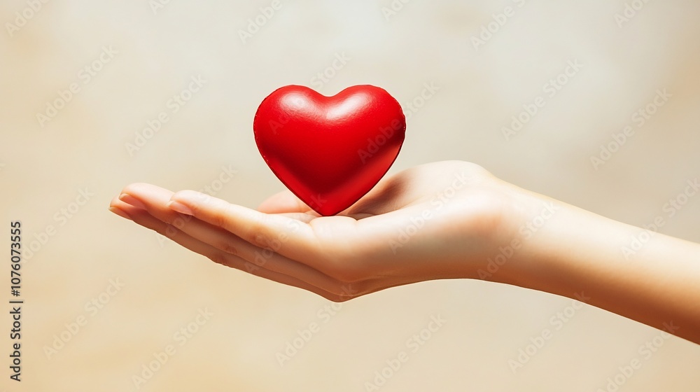 Obraz premium Woman's Hand Gently Holding a Red Heart in Pastel Tones with Clean Minimalist Look
