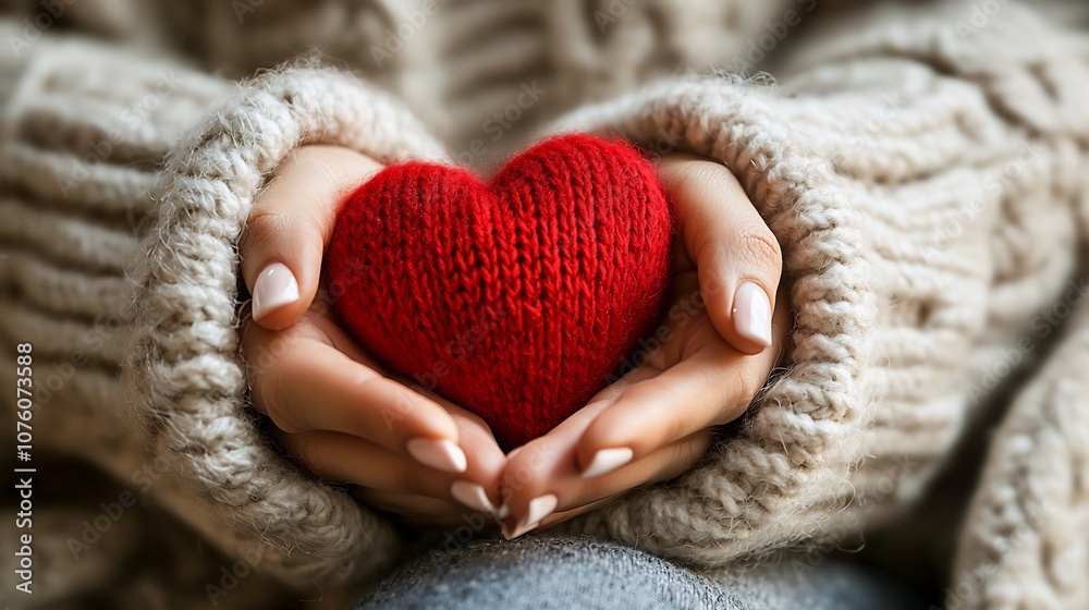 Warm Embrace of Love:A Cozy Hand Holding a Red Heart Symbol Warm Embrace of Love:A Cozy Hand Holding a Red Heart Symbol