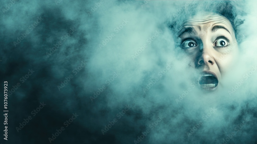 A frightened face emerges from dense fog, conveying a sense of fear and anxiety. A frightened face emerges from dense fog, conveying a sense of fear and anxiety.