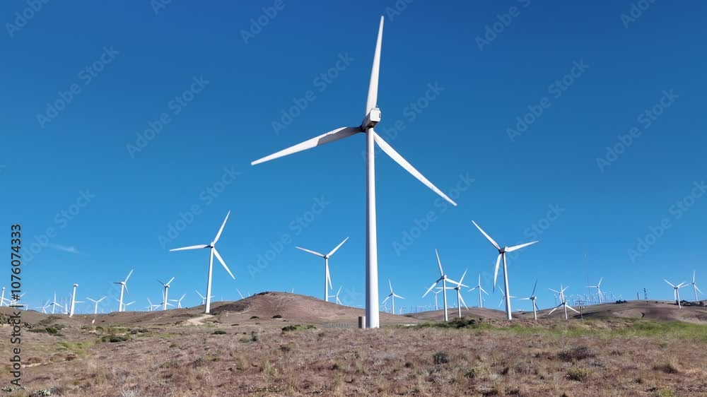 Wind turbines against clear blue sky on a sunny day in a wind farm in Mojave town, California, USA Wind turbines against clear blue sky on a sunny day in a wind farm in Mojave town, California, USA