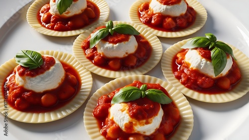 Six appetizer bites with tomato sauce, ricotta cheese, and basil on a white plate.