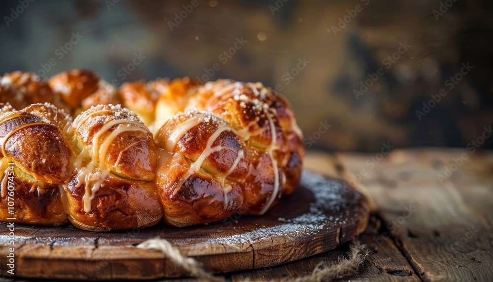 A freshly baked monkey bread loaf with a sweet glaze, sprinkled with powdered sugar, on a wooden cutting board. A freshly baked monkey bread loaf with a sweet glaze, sprinkled with powdered sugar, on a wooden cutting board.