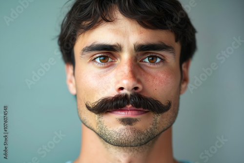 A man with a fake moustache on his face photo