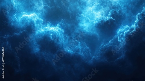 A dramatic, stormy sky with dark blue clouds illuminated by a blue light.