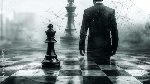 A 3D chess master stands among chess pieces, symbolizing strategic thinking and decision-making in business.