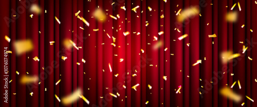 Red velvet drapes with scattered golden confetti. Theater setting with falling gold fragments. Elegant stage curtain with folds, spot light, sparkling particles. Classical entertainment background.