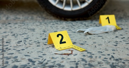 Konstfotografi Crime scene, evidence and investigation with label for forensic science on street with car accident