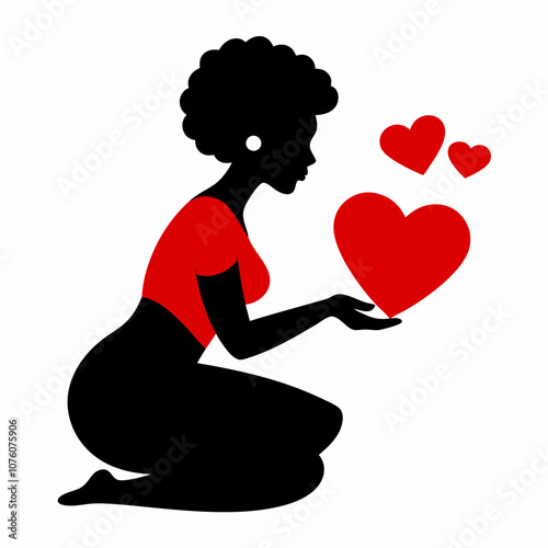 African woman sits on her knees and sends red hearts vector illustration