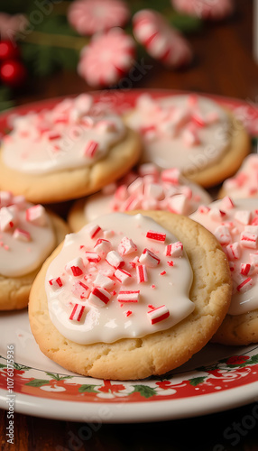 Frosted cookies with crushed candy canes on Christmas plate
