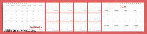 Minimalist 2025 calendar template with monthly and yearly views, simple and clean design calendar  vector, planner for 2025 year.
