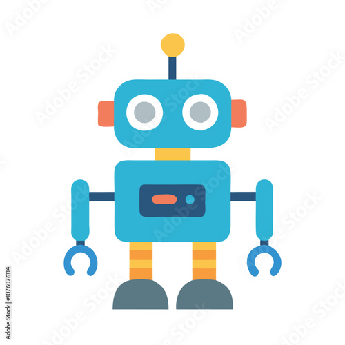 Blue robot icon with antenna and claw hands, Vector illustration of a cute blue robot with an antenna, round eyes, and claw hands, representing technology, robotics, and AI.
