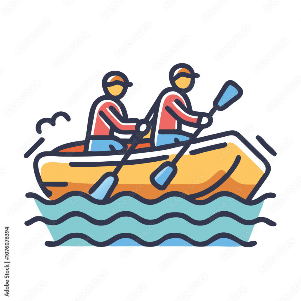 Two people rafting in inflatable boat, Vector illustration of two people paddling in an inflatable raft on wavy water, symbolizing outdoor adventure, rafting, and water sports.
Two people rafting in inflatable boat, Vector illustration of two people paddling in an inflatable raft on wavy water, symbolizing outdoor adventure, rafting, and water sports.