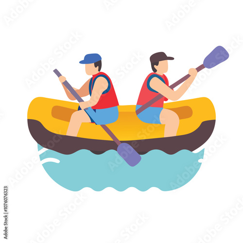 Two people rafting in inflatable boat, Vector illustration of two people paddling in an inflatable raft on wavy water, symbolizing outdoor adventure, rafting, and water sports.
