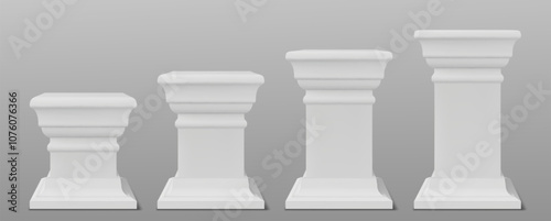 Antique white pillars set isolated on background. Vector realistic illustration of 3d square marble columns, pedestals for product presentation, ancient palace balustrade design element, museum podium