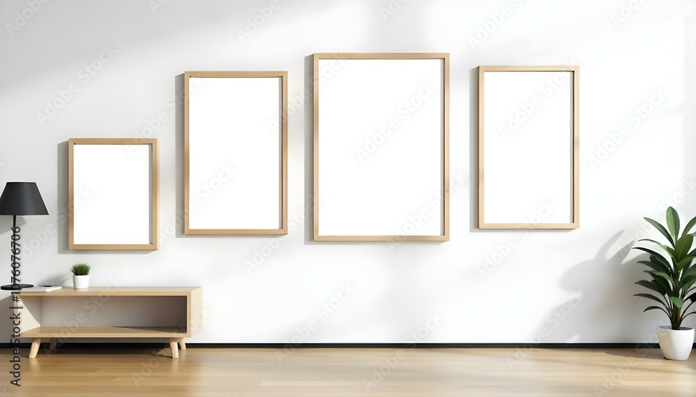 Three wooden framed empty canvases hanging on a white wall, with a small wooden table below Three wooden framed empty canvases hanging on a white wall, with a small wooden table below