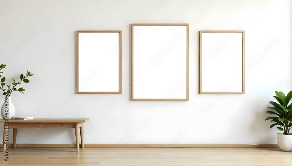 Three wooden framed empty canvases hanging on a white wall, with a small wooden table below Three wooden framed empty canvases hanging on a white wall, with a small wooden table below
