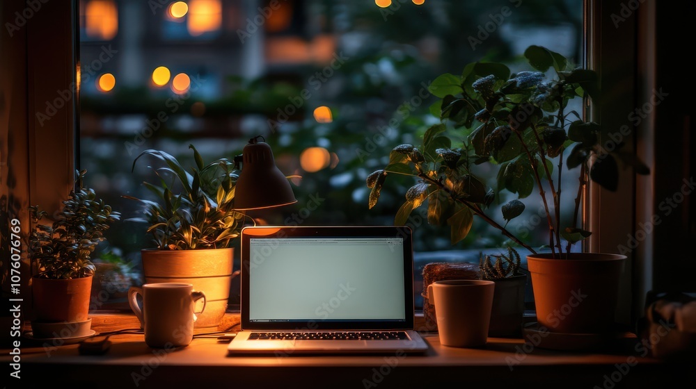Cozy Indoor Desk Setup with Laptop and Plants Cozy Indoor Desk Setup with Laptop and Plants