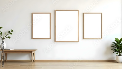 Three wooden framed empty canvases hanging on a white wall, with a small wooden table below