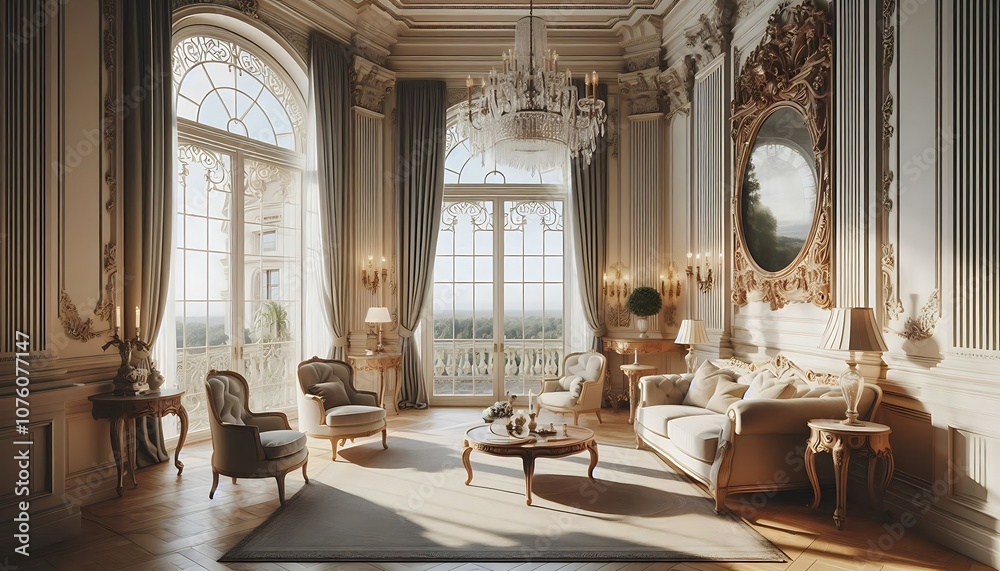 Elegant Luxury Living Room with Classic Decor and Large Windows. generator AI Elegant Luxury Living Room with Classic Decor and Large Windows. generator AI