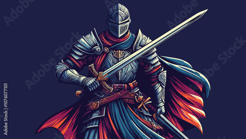 A detailed fantasy character illustration of a medieval warrior in armor, holding a sword. Emphasize realism and intricate details in the costume and weapon