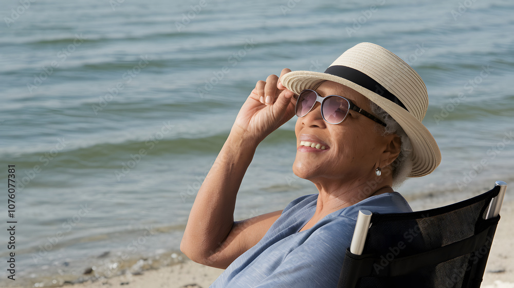 Elderly woman enjoying a peaceful moment on a sandy beach, standing with eyes closed and face lifted towards the sky, with gentle ocean waves in the background. Elderly woman enjoying a peaceful moment on a sandy beach, standing with eyes closed and face lifted towards the sky, with gentle ocean waves in the background.