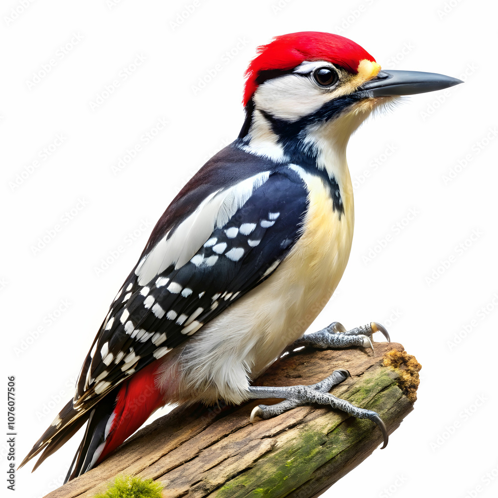 A striking woodpecker perched against a white background. A striking woodpecker perched against a white background.