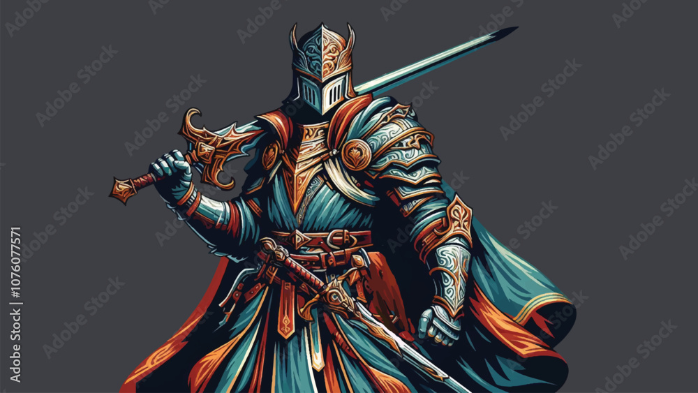 A detailed fantasy character illustration of a medieval warrior in armor, holding a sword. Emphasize realism and intricate details in the costume and weapon A detailed fantasy character illustration of a medieval warrior in armor, holding a sword. Emphasize realism and intricate details in the costume and weapon