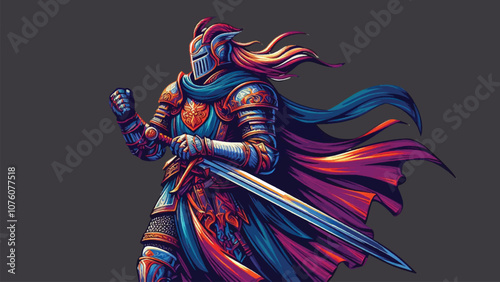 A detailed fantasy character illustration of a medieval warrior in armor, holding a sword. Emphasize realism and intricate details in the costume and weapon