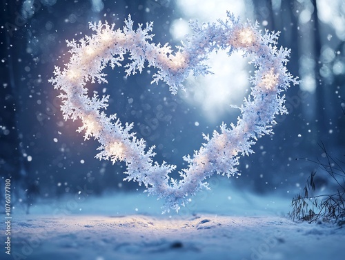 Glowing Heart of Snowflakes in Tranquil Winter Forest Symbolizing Love s Beauty and Fragility photo