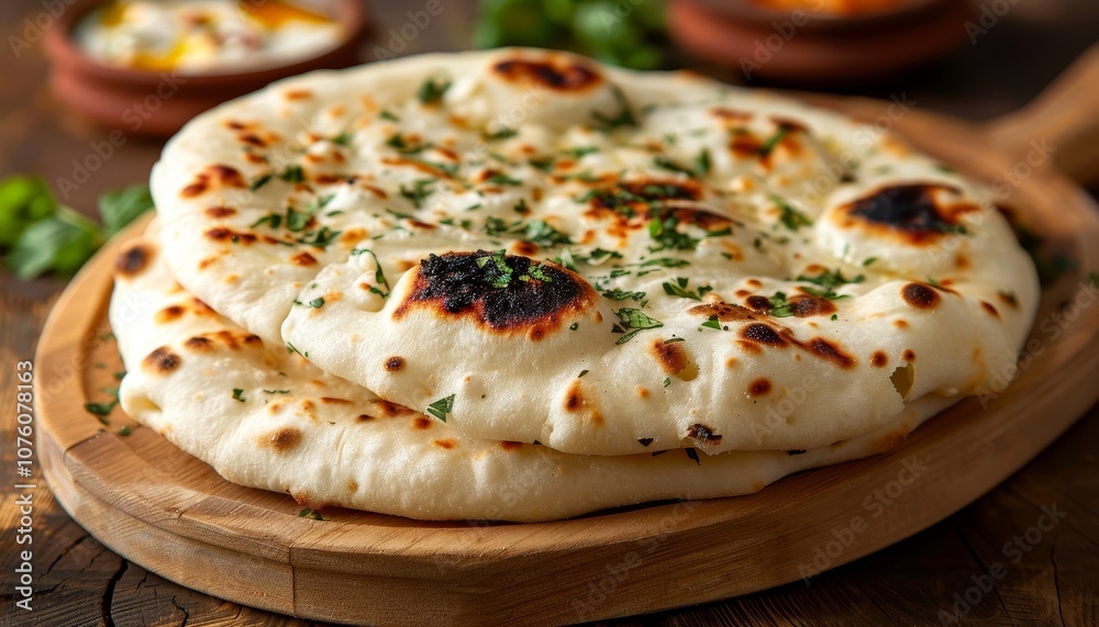 Freshly baked naan bread topped with cilantro on a wooden cutting board. Freshly baked naan bread topped with cilantro on a wooden cutting board.
