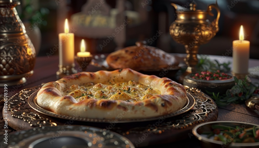 Fototapeta premium A delicious, golden-brown pizza sits on a silver platter with a rustic wooden table. Surrounding the pizza are candles, a pitcher, and other decorative items.
